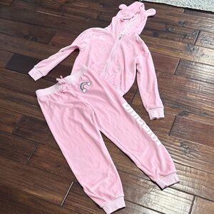 Cute Pink Velour Hoodie and Pants set with Ear Details- Forever 21 Girls 9/10